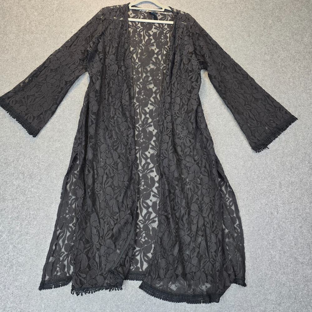 Rue 21+ Duster Cardigan Women's 1X Black Floral Lace Trim Bohemian Open Front